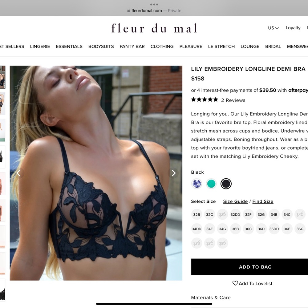 Fleur du Mal - Lily Embroidery Longline Demi Bra, 32D, black 🖤